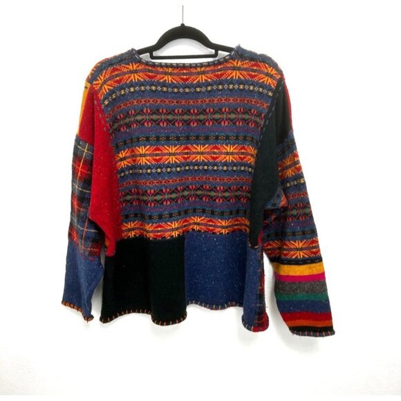 VTG Northern Isles Colorful Mixed Media Patchwork Striped Sweater 3X Cottagecore - Picture 2 of 11